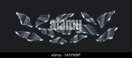 Realistische 3D-Illustration von detailreichen Glassplittern, die Licht reflektieren. Perfekt für Hintergrundeffekte, abstrakte Kompositionen und Zerstörungsszenen. Stock Vektor
