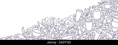 Eine dünne Linienzeichnung aus Kaffeetasse, Bohnen und Blättern, Tee-Plantage. Café-Shop-Konzept. Moderne Einzelzeichnung Vektor-Illustration. Abstrakte Geo Stock Vektor
