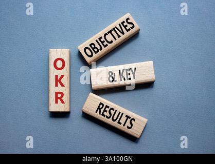Symbol für OKR-Ziele und wichtige Ergebnisse. Holzblöcke mit den Worten OKR-Ziele und wichtige Ergebnisse. Schöner grauer Hintergrund. Business- und OKR-Konzept. C Stockfoto