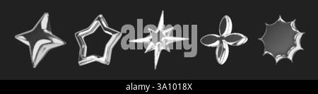 Y2K 3d Chrom Halbtonsterne Form Retro abstrakte Elemente Vektor Illustration Set. Stock Vektor
