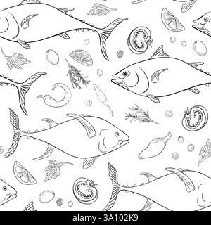 Meeresfisch Thunfisch und Gemüse monochrome Vektor nahtlose Muster von Hand gezeichnet. Schwarzweiße Konturzeichnung von Kingfish. Fische, Kräuter, Tomaten und Jalapeno Stock Vektor