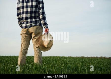 Rückansicht. Strohhut in der Hand stehen und ausziehen. Der junge Mann ist auf dem Ackerfeld. Stockfoto