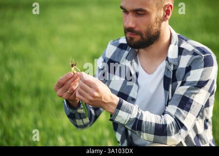 Landarbeiter. Ein hübscher junger Mann ist auf dem Feld. Stockfoto