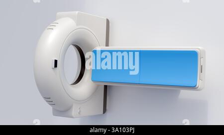 3D-Rendering eines modernen CT- oder Computertomographie-Scanners. Die Gantry und der Tisch werden von einem Sockel mit einem grauen Akzent unten gestützt. Stockfoto