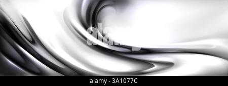 Flüssiger silberner Hintergrund mit abstrakten Wellen. Vektor-realistische Illustration der glänzenden Chrom-Metall-Textur, glattes graues Seidentuch, Stahlfarbflüssigkeitssubstanz, wellige Oberfläche, Aluminiumfolienmaterial Stock Vektor