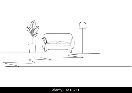Wohnzimmer-Sofa mit Lampe und Topfpflanzen einzeilige Kunst und minimalistischer Stil isolieren die Ikone Stock Vektor