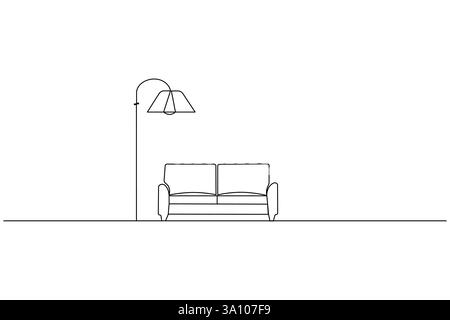 Wohnzimmer-Sofa mit Lampe und Topfpflanzen einzeilige Kunst und minimalistischer Stil isolieren die Ikone Stock Vektor