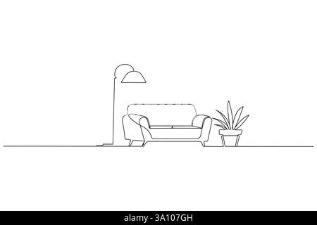 Wohnzimmer-Sofa mit Lampe und Topfpflanzen einzeilige Kunst und minimalistischer Stil isolieren die Ikone Stock Vektor