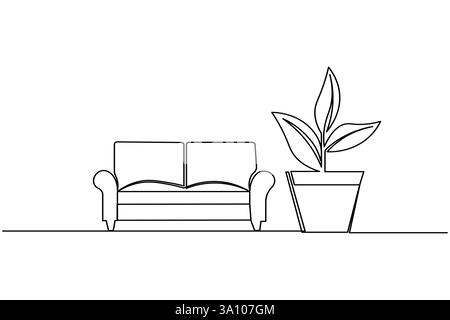 Wohnzimmer-Sofa mit Lampe und Topfpflanzen einzeilige Kunst und minimalistischer Stil isolieren die Ikone Stock Vektor