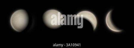 Realistische Mondphasen auf schwarzem Hintergrund. Mondzyklus von Gibbous zu sichelförmiger Form. Himmelskörper mit weichen glänzenden Kanten und detaillierter Oberflächenstruktur. Astronomisches Element zur Nachthimmelillustration Stock Vektor