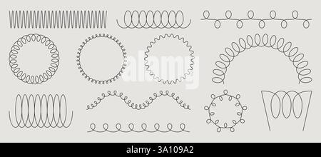 Federspulenformen – Zickzacklinien, Spiralkreise, geschwungene Schlaufen. Minimale schwarze Umrissmuster, die mechanische Flexibilität zeigen. Verschiedene Spannungsformen von engen, kompakten bis hin zu lockeren, abgerundeten Ausführungen. Stock Vektor