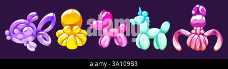 Ballon Tierformen Vektor Set - glänzende Zeichentrickillustrationen mit Fisch und Hund, Pferd und Krake, Quallen in lebendigen Farben. Niedliches aufblasbares Spielzeug für Partydekorationen und Unterhaltungsdesigns für Kinder. Stock Vektor