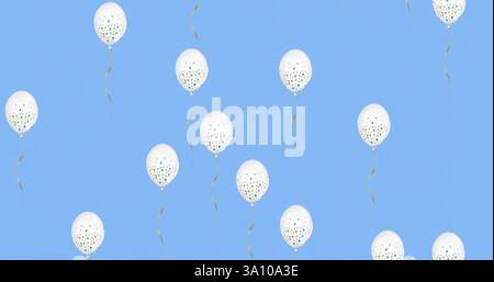 Weiße Ballons mit Konfetti und Bändern, Festbild auf blauem Hintergrund Stockfoto