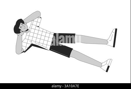 Junger hispanischer Mann in kariertem T-Shirt, der auf dem Rücken liegt und Hände hinter dem Kopf hat 2D-Liniencharakter Stock Vektor