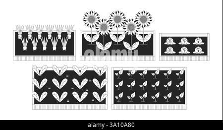 Erhöhte Gartenbeete mit 2D-Linienobjekten für Gemüse und Sonnenblumen Stock Vektor