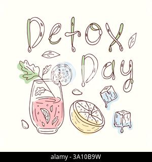 Ein Glas Zitrusfrüchte, Kräuter, Gurke, mit der Aufschrift Detox Day. Bannerdesign mit dem Konzept der Reinigung, Diät, Kräuterprodukte und Wellness-Smoothies und Cocktails. Vektordesign im Doodle-Stil. Stock Vektor