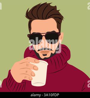 Ein Mann in einem roten Pullover hält eine Tasse Kaffee in der Hand Stock Vektor