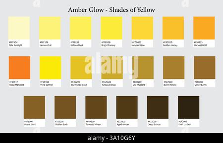 Farbpaletten 20 Gelbschattierungen – helle, warme, goldene, fröhliche Farben – mit HEXADEZIMALCODES und Namen, Farbfeldern und Kombinationen Stock Vektor