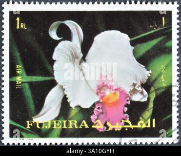 Gestempelte Briefmarke von Fujairah (Fujeira), die Blumen zeigt, um 1972. Stockfoto