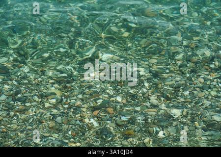 Klares Wasser mit sichtbaren Kieselsteinen am Boden eines flachen Strandes in Cariati, Cosenza, Kalabrien Stockfoto