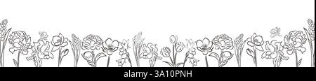 Kritzeln Sie ein schwarz-weißes Banner mit Frühlingsblumen. Vektorvorlage für Kopfzeile, Werbung, Werbeaktion. Stock Vektor