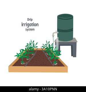 Tropfbewässerungssystem für den Garten mit einem Fass Stock Vektor