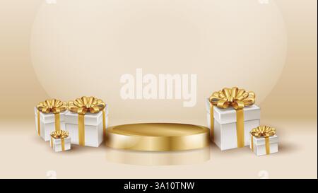 Geschenke, die mit goldenem Band umwickelt sind, mit dem Produktpodium Happy christmas und Silvester Hintergrund platziert sind Stock Vektor