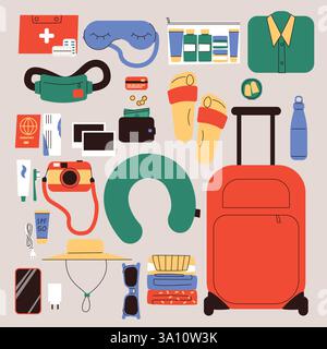 Reise Verpackung Essentials Vektor Illustration Koffer, Nackenkissen, Toilettenartikel, Reisepass, Kleidung, und Zubehör für Urlaubs- oder Geschäftsreisen Stock Vektor