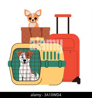 Reisen mit Haustieren niedliches Chihuahua in einer stilvollen Tasche und Jack Russell Terrier in einer Haustiertrage mit Koffern PetFriendly Travel Concept, minimalistisch Stock Vektor