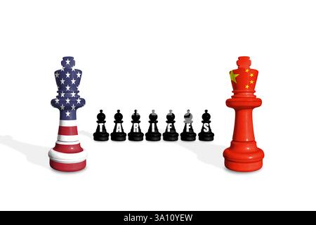 Schach aus US- und China-Flaggen auf weißem Hintergrund mit WORTZÖLLEN Stockfoto