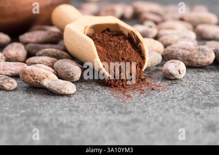 Kakaopulver aus Holzschaufel mit rohen Kakaobohnen im Landhausstil, gesunde natürliche Speisen Stockfoto