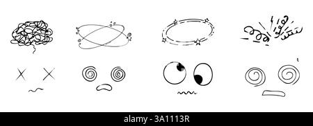Schwindeleffekt, Kopfschmerzen, krankes Zeichnen-Doodle-Comic-Set. Schwindelgesichter, Stars über dem Kopf, Emotionen, verrückte handgezeichnete Linien-Kollektion. Vektorabbildung Stock Vektor