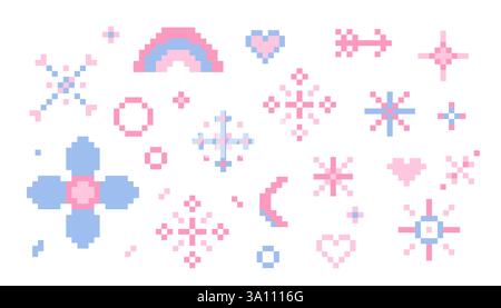 Pixel Star Glitzer niedliches Retro 8 Bit Glitzer Set. Glänzend pinkfarbenes Pixel-Kunsteffekt-Set. Feuerwerk geplatzt, Pfeil, Raumdekoration. Ästhetik der 90er Jahre, y2k. Vektorabbildung Stock Vektor