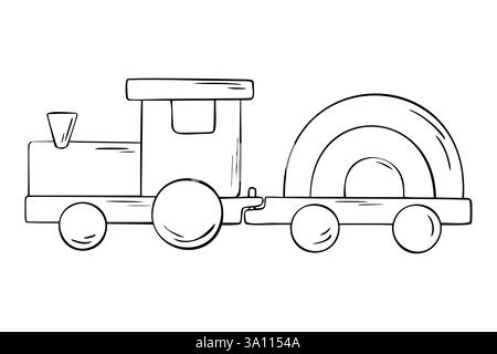 Vektor-Illustration der hölzernen Bahn. Handgezeichnete Skizze von Kinderspielzeug. Willkommen bei Neugeborenen. Gravur Illustrationstransport für Poster, Einladung, Stock Vektor