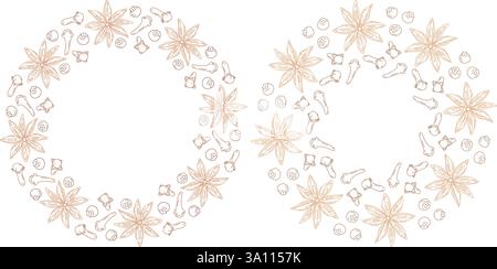 Glühwein Gewürze Sternanis, Allspiz und Nelke Kreisrahmen Grenzen Kopierraum Vorlagensatz 2. Isolierte Vektor-Illustration Thematische Karten, Poster oder Web-Werbebanner, Faltblatt, Preisschild, Etikett Stock Vektor