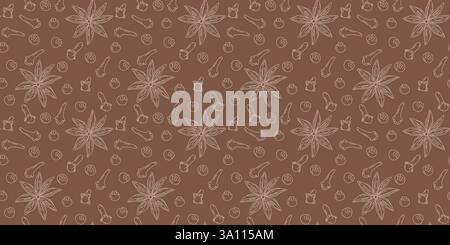Freehand Star Anis, Nelke Dry und Allspices Seamless Pattern Licht auf dunkelbraunen Glühweingewürzen. Isolierte Vektor Illustration Hintergrundbild, Verpackung Thematische Karte oder Web Promo Banner, Faltblatt, Etikett Stock Vektor