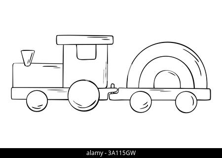 Vektor-Illustration der hölzernen Bahn. Handgezeichnete Skizze von Kinderspielzeug. Willkommen bei Neugeborenen. Gravur Illustrationstransport für Poster, Einladung Stock Vektor