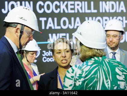 Neu-Delhi, Indien. März 2025. Der belgische Botschafter in Indien Didier Vanderhasselt, der Geschäftsführer von Syensqo Ilham Kadri, Prinzessin Astrid von Belgien und der stellvertretende Premierminister und Außenminister Maxime Prevot, die während eines Besuchs von John Cockerill Indien in Taloja, Indien, am Donnerstag, den 6. März 2025, am fünften Tag der belgischen Wirtschaftsmission in Indien, dargestellt wurden. Die belgische Wirtschaftsmission in Indien findet vom 1. Bis 8. März 2025 statt. BELGA FOTO BENOIT DOPPAGNE Credit: Belga News Agency/Alamy Live News Stockfoto