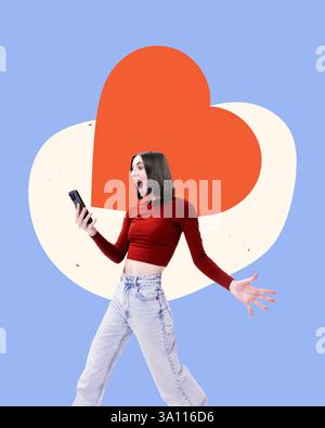 Zeitgenössische Kunstcollage. Junge Frau, die mit Begeisterung auf das Telefon reagiert, übergroßes Herz hinter ihr, das digitale Bewunderung symbolisiert. Stockfoto