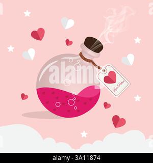 Illustration einer Glastränkflasche gefüllt mit einer leuchtenden rosa Flüssigkeit, die mit winzigen Herzmustern verziert ist. Die Flasche ist mit einem Kork versiegelt. Stock Vektor