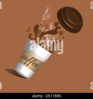 Eine realistische Vektor-Illustration einer Kaffeetasse zum Mitnehmen, die heißen Kaffee mit aufsteigendem Dampf verschüttet und eine energische und ausdrucksstarke Komposition schafft. Stock Vektor