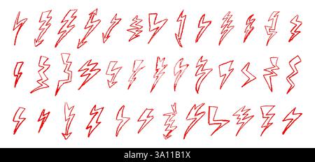 Set von Blitz durch Wachsstift Zeichnung. Sammlung von handgezeichneter Kreide, hellen Blitzschildern, Doodle Thunderbolt, roter Kontur Stock Vektor