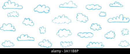 Set abstrakter Bleistiftwolken. Handgezeichneter Cartoon bewölkter Himmel. Vektor-Illustration der Sammlung von weißem Wirbel auf weißem Hintergrund. Imitation eines Stock Vektor