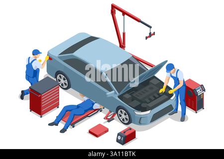 Drei isometrische Mechaniker warten ein Auto mit geöffneter Motorhaube mit rotem Kran und Werkzeugkasten. Einer arbeitet darunter, andere prüfen Karosserie und Motor Stock Vektor