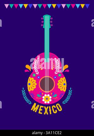 Mexiko, verziertes Logo, Schriftzug. Fiesta Banner und Poster Design mit Fahnen, Blumen, Dekorationen. Vektorabbildung Stock Vektor