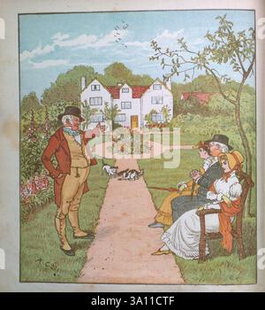 Das ist das Haus, das Jack aus R. Caldecotts Sammlung von Bildern und Liedern von Caldecott, Randolph, 1846-1886, erbaute. das ist das Haus, das Jack gebaut hat. Das ist der Malz, der in dem Haus lag, das Jack gebaut hat. Das ist die Ratte, die den Malz gegessen hat, der in dem Haus lag, das Jack gebaut hat. Das ist die Katze das tötete die Ratte, die das Malz gefressen hat das lag in dem Haus, das Jack gebaut hat. Das ist der Hund, der die Katze besorgt hat das tötete die Ratte, die das Malz gefressen hat das lag in dem Haus, das Jack gebaut hat. Das ist die Kuh mit dem zerknitterten Horn das warf den Hund, der sich Sorgen machte Stockfoto