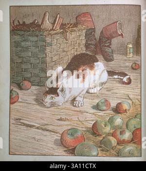 Das ist das Haus, das Jack aus R. Caldecotts Sammlung von Bildern und Liedern von Caldecott, Randolph, 1846-1886, erbaute. das ist das Haus, das Jack gebaut hat. Das ist der Malz, der in dem Haus lag, das Jack gebaut hat. Das ist die Ratte, die den Malz gegessen hat, der in dem Haus lag, das Jack gebaut hat. Das ist die Katze das tötete die Ratte, die das Malz gefressen hat das lag in dem Haus, das Jack gebaut hat. Das ist der Hund, der die Katze besorgt hat das tötete die Ratte, die das Malz gefressen hat das lag in dem Haus, das Jack gebaut hat. Das ist die Kuh mit dem zerknitterten Horn das warf den Hund, der sich Sorgen machte Stockfoto