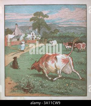 Das ist das Haus, das Jack aus R. Caldecotts Sammlung von Bildern und Liedern von Caldecott, Randolph, 1846-1886, erbaute. das ist das Haus, das Jack gebaut hat. Das ist der Malz, der in dem Haus lag, das Jack gebaut hat. Das ist die Ratte, die den Malz gegessen hat, der in dem Haus lag, das Jack gebaut hat. Das ist die Katze das tötete die Ratte, die das Malz gefressen hat das lag in dem Haus, das Jack gebaut hat. Das ist der Hund, der die Katze besorgt hat das tötete die Ratte, die das Malz gefressen hat das lag in dem Haus, das Jack gebaut hat. Das ist die Kuh mit dem zerknitterten Horn das warf den Hund, der sich Sorgen machte Stockfoto