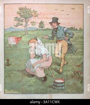 Das ist das Haus, das Jack aus R. Caldecotts Sammlung von Bildern und Liedern von Caldecott, Randolph, 1846-1886, erbaute. das ist das Haus, das Jack gebaut hat. Das ist der Malz, der in dem Haus lag, das Jack gebaut hat. Das ist die Ratte, die den Malz gegessen hat, der in dem Haus lag, das Jack gebaut hat. Das ist die Katze das tötete die Ratte, die das Malz gefressen hat das lag in dem Haus, das Jack gebaut hat. Das ist der Hund, der die Katze besorgt hat das tötete die Ratte, die das Malz gefressen hat das lag in dem Haus, das Jack gebaut hat. Das ist die Kuh mit dem zerknitterten Horn das warf den Hund, der sich Sorgen machte Stockfoto