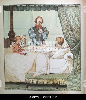 Babes in the Wood die traditionelle Kindergeschichte erzählt von zwei Kindern, die in einem Wald liegen gelassen werden, die sterben und mit Blättern bedeckt sind. R. Caldecotts Sammlung von Bildern und Liedern von Caldecott, Randolph, 1846-1886, Stockfoto